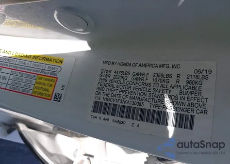 2019 Honda Accord Sport from USA, damaged, VIN 1HGCV1F37KA130085